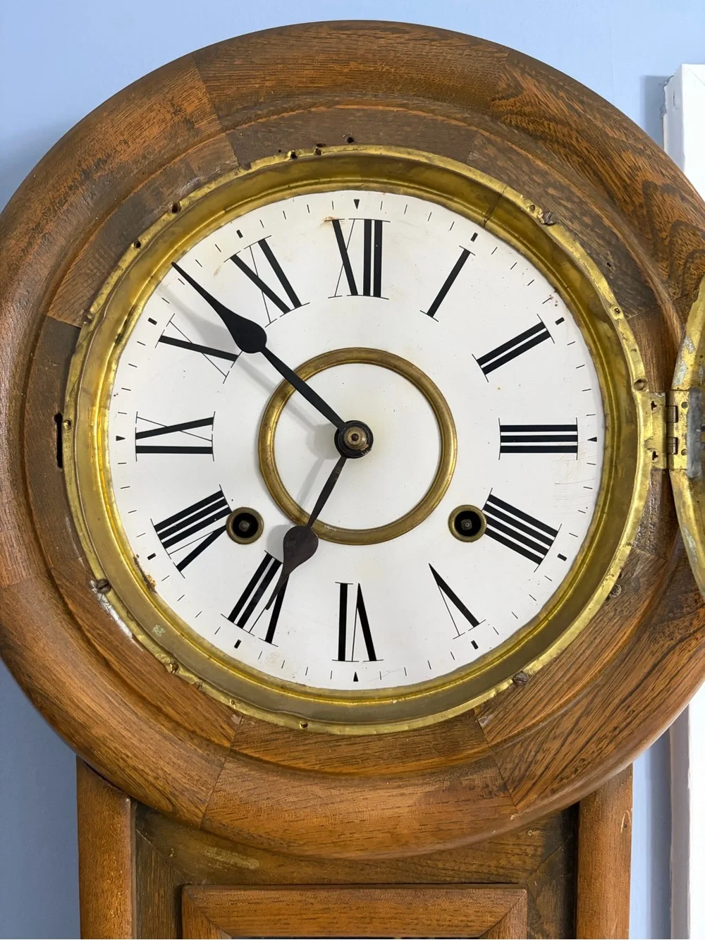 Antique Oak Regulator A Wall Clock – 8-Day Key Wind, Works Great!